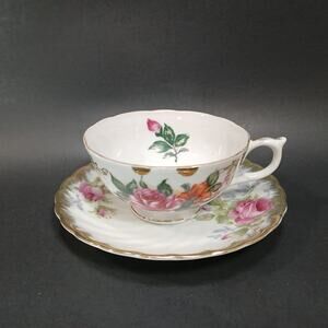 Vintage Lefton Footed Rose Teacup & Unmarked Saucer Mismatched Set *CHIPS